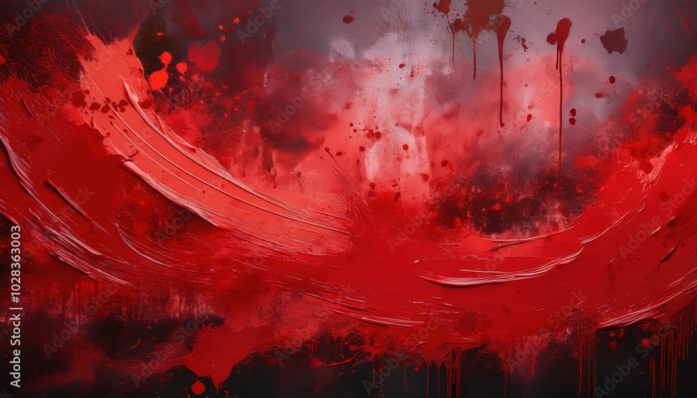 Poster dynamic chaos. blood red paint explosion splatter against abstract beige and grey background for gru