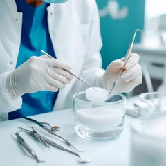 Hands mixing resin for filling, sterile tools around, dental procedure