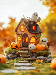 A charming, whimsical Halloween scene featuring a tiny house decorated with glowing pumpkins and playful ghosts, set in a warm autumn landscape