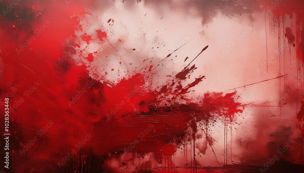 Poster Dynamic Chaos. Blood Red Paint Explosion Splatter Against Abstract Beige and Grey Background for Grunge Art, Symbolizing Intensity and Raw Emotion in Modern Expressive Concepts or Projects