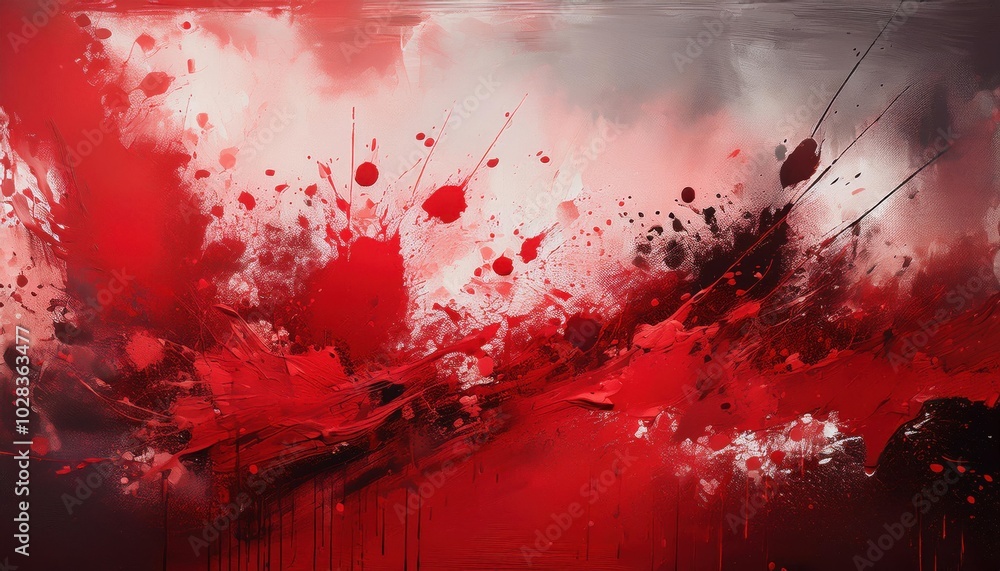 Aufkleber dynamic chaos. blood red paint explosion splatter against abstract beige and grey background for gru