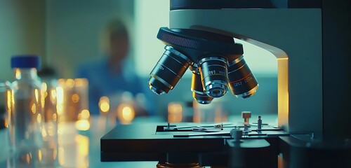 Microscope close-up with scientific activity visible in the rear of a lab.