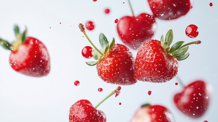 Fresh Strawberries in Air with Water Droplets