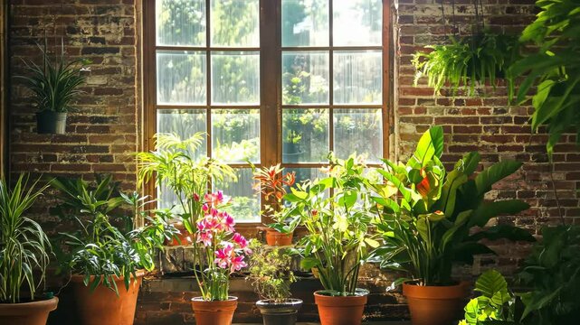 A row of potted plants sits in front of a large window in a brick building, bathed in the warm sunlight streaming through the glass