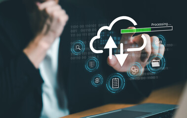 Business person migrate data and corporate information into cloud technology for data security and...