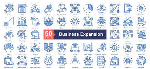 Business Expansion icon collection set. Containing Revenue, Outlet, Idea, Profit, Risk Management, Network, Pie Chart, Intellectual, Marketing icon. Simple Colored Outline Blue vector illustration.