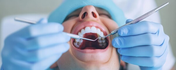 Patient relaxed, dentist filling tooth, tools visible