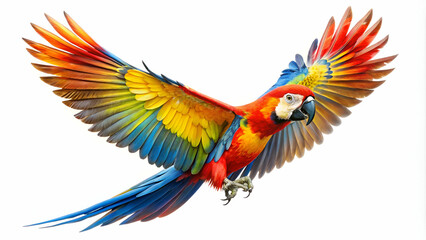 Obraz premium Brightly colored flying parrot on a white background, ideal for nature-inspired artwork and educational resources