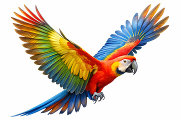 Brightly colored flying parrot on a white background, ideal for nature-inspired artwork and educational resources