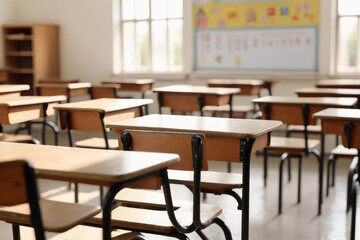 A bright and empty school classroom featuring wooden desks and chairs, designed for education with large windows letting in natural light