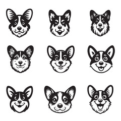 Fototapeta premium Collection of Welsh Corgi Dog Face vector illustration - Welsh Corgi Dog Silhouette Design 