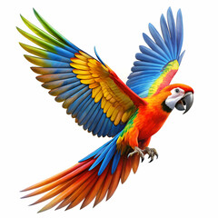 Fototapeta premium Brightly colored flying parrot on a white background, ideal for nature-inspired artwork and educational resources