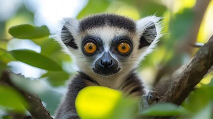 Lemur sitting a tree its long tail curled around the branch bright eyes peering through the dense leaves