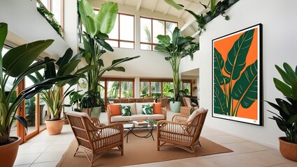 Fototapeta premium Tropical modern living room interior design with poster frame