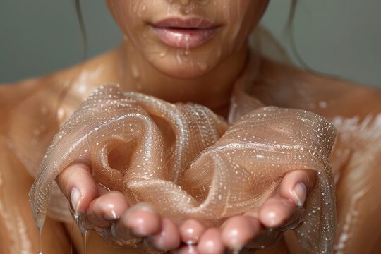 transparent mask of artificial skin emission on woman's hand. Biotechnology and innovation in healing and  regeneration. synthetic layers