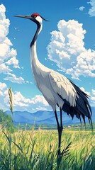 Fototapeta premium Elegant Crane Standing in Tall Grass Against a Blue Sky with Fluffy Clouds.