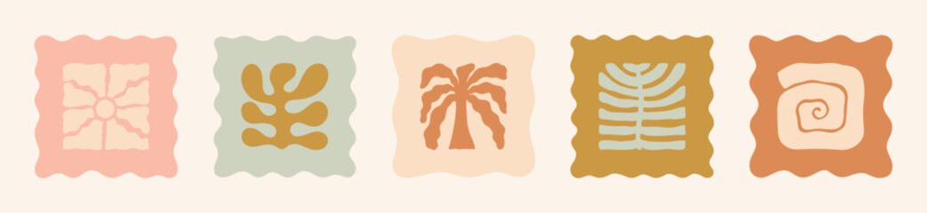 Boho Summer Beach Illustration Set in Square Frame. Groovy Sun, Palm, Seashell, Coral and Palm Leaf. Vector Abstract Tropical Icons in Freehand Retro Style for Logo, Print, Pattern, Poster, Web Design