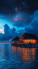 Tropical Overwater Bungalows Under a Starry Sky.