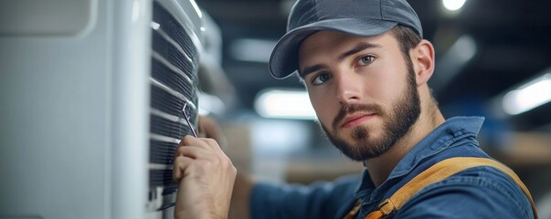 Male Technician Repairing Air Conditioner With Screwdriver, Generative AI