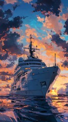 Fototapeta premium Luxury Yacht at Sunset with Dramatic Sky.