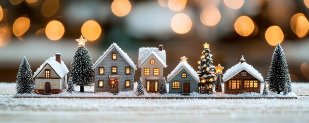 Obraz premium Winter village scene with festive houses, trees, and snow adorning the landscape, creating a cozy holiday atmosphere.