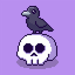 Pixel art Skull with Crow game asset design