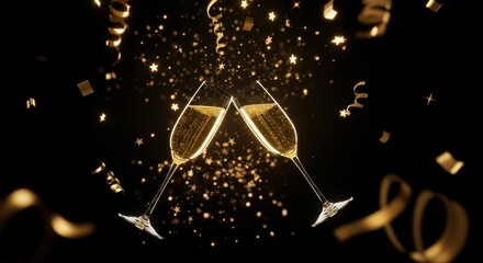 Festive celebration with clinking champagne glasses and golden confetti