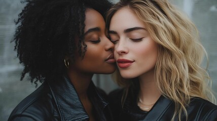 two females kissing, one is black, one is white