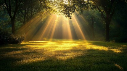 Obraz premium Sunlight shining trees forest grass morning sun rays background break dawn light technology fog searchlights wonder devotion sunbeams reaching towards heavens amazing inspiring 