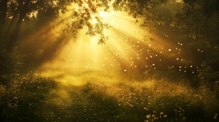 Sunlight shining trees forest grass morning sun rays background break dawn light technology fog searchlights wonder devotion sunbeams reaching towards heavens amazing inspiring
