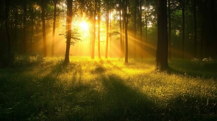 Fototapeta premium Sunlight shining trees forest grass morning sun rays background break dawn light technology fog searchlights wonder devotion sunbeams reaching towards heavens amazing inspiring 