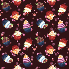 Cupcakes with cream, meringue, marshmallow decorated with mint, cherry, cookies. Seamless pattern hand-drawn with watercolors on a dark background. For design, packaging, textiles, menus, printing