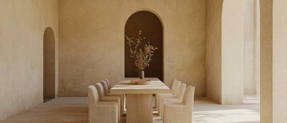 Minimalist interior design showcasing boucle chairs at dining table, with stucco walls and arch doorway, emphasizing elegance and simplicity in modern living space
