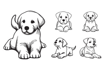 Crawling pose of a small playful dog illustrated in black and white