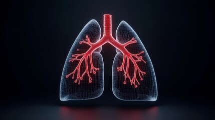 Digital model of human lungs with glowing red veins, representing asthma, cancer, and respiratory diseases, in a futuristic medical visualization