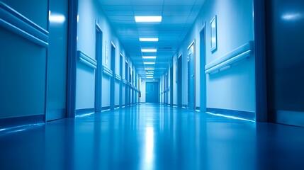 Fototapeta premium Blue-toned, abstract hospital background perfect for placing healthcare-related text.