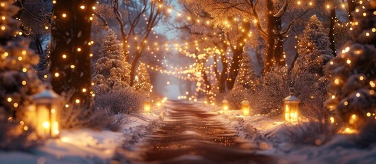 Enchanting snowy winter wonderland with twinkling lights illuminating a serene and peaceful forest path at night  Magical fairytale like atmosphere with glowing and a tranquil cozy ambiance