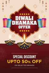 Diwali Dhamaka Offer Vector, Advertisement, Web Banner, Poster Template, Design Concept (English Translation : Diwali Blast Offer)	