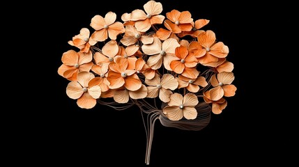 Elegant arrangement of beige and orange dried flowers on a delicate stem, isolated on a black background.