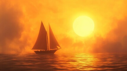 Fototapeta premium Sailboat sailing ocean sunset hazy fog ships sails underneath random arts bright sun camp half blood passages last light 