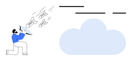 A person holding a shield to block incoming missiles while positioned next to a large cloud. Ideal for themes of protection, defense, cybersecurity, data security and safety. Simple and modern style