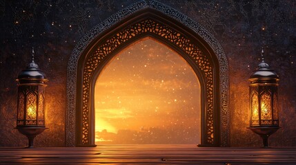 Naklejka premium An ornate archway with lanterns framing a sunset view, evoking tranquility and culture.