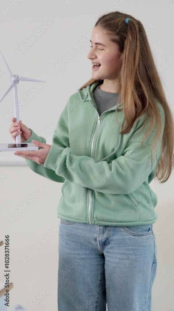 Aufkleber Presentation, windmill and student for science project in classroom for growth or development. Female person, high school and education for renewable energy source, course and knowledge for learning