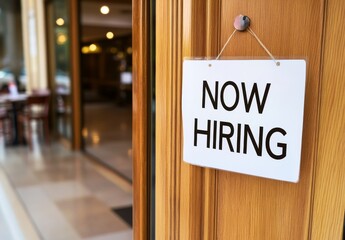 A Sign on the door of an office reads "NOW HIRING"