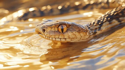 Climate change. Close up of a desert snake in a desert being flooded in water after the heavy rain. Extreme weather event