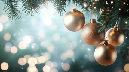 Beautiful Golden Ornaments on a Christmas Tree with Bokeh Lights