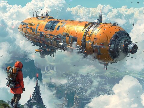 Futuristic Airship Soaring Above a Cloud City