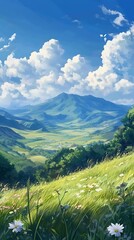 Obraz premium A Stunning Mountain View with Lush Green Grass and Blooming Wildflowers