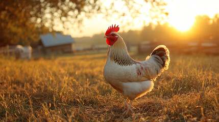 Fototapeta premium A cheerful rooster crowing at dawn on the farm