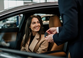 Happy woman receiving car keys from dealer inside luxury car interior